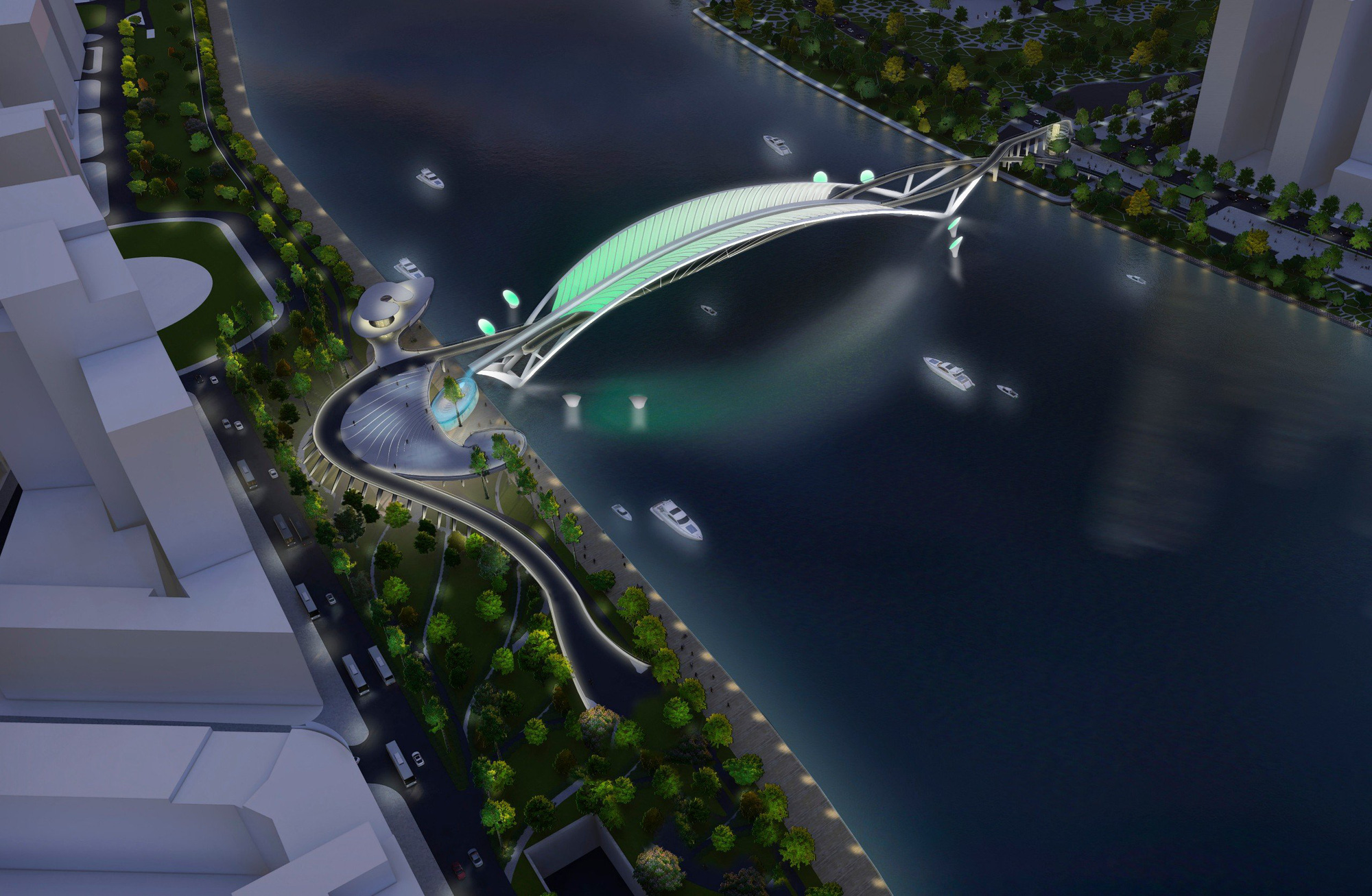 Hệ thống đèn trang trí mỹ thuật của cầu đi bộ qua sông Sài Gòn nhìn vào ban đêm.