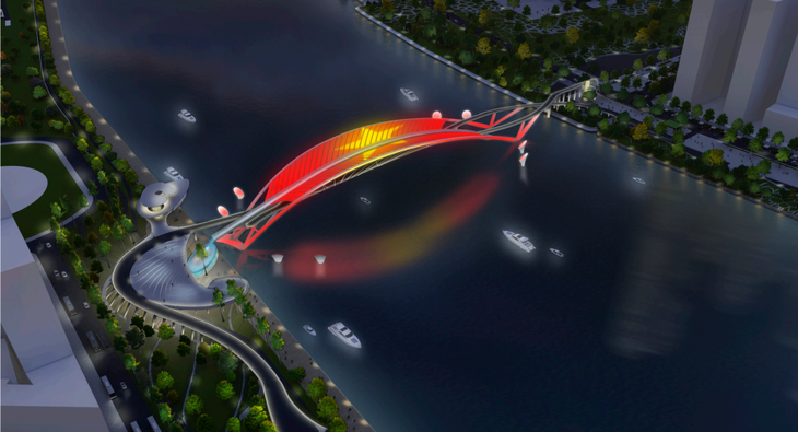 Hệ thống đèn trang trí mỹ thuật của cầu đi bộ qua sông Sài Gòn nhìn vào ban đêm.