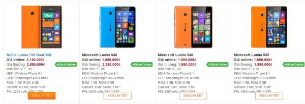 smartphone Lumia giảm giá sâu