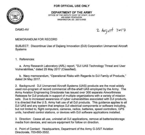 Quân đội Mỹ cấm sử dụng các sản phẩm của DJI