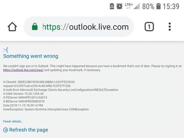 Một thông báo sự cố truy cập dịch vụ Outlook Mail của Microsoft 