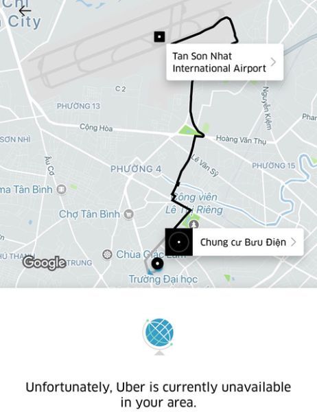 Dòng thông báo hiển thị ứng dụng Uber không còn hoạt động tại Việt Nam 