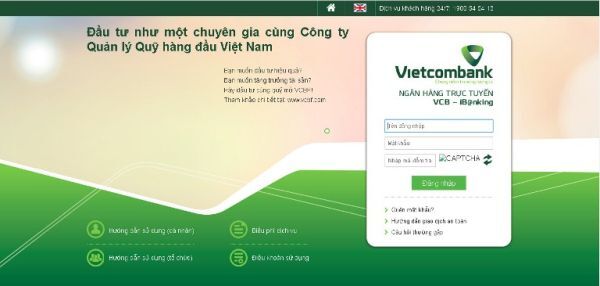 Một dạng giao diện giả mạo dịch vụ Ngân hàng trực tuyến của Vietcombank, nhưng tên miền không phải www.vietcombank.com.vn
