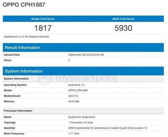 Rò rỉ Oppo R17 Pro chạy chip xử lý Snapdragon 710 và 6GB RAM