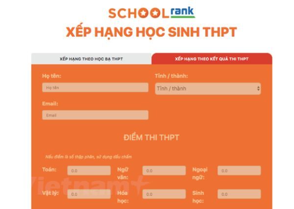 Giao diện trang Xếp hạng học sinh Trung học Phổ thông SchoolRank