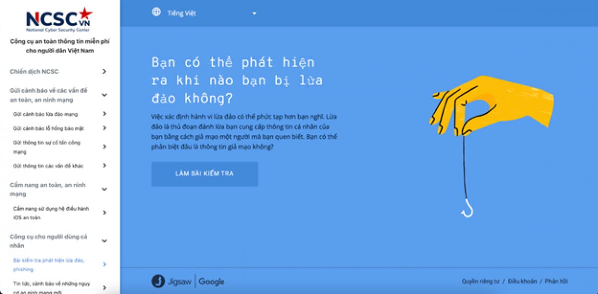 Công cụ Trắc nghiệm về Lừa đảo qua mạng do Google phối hợp cùng Trung tâm Giám sát an toàn không gian mạng quốc gia Việt Nam xây dựng