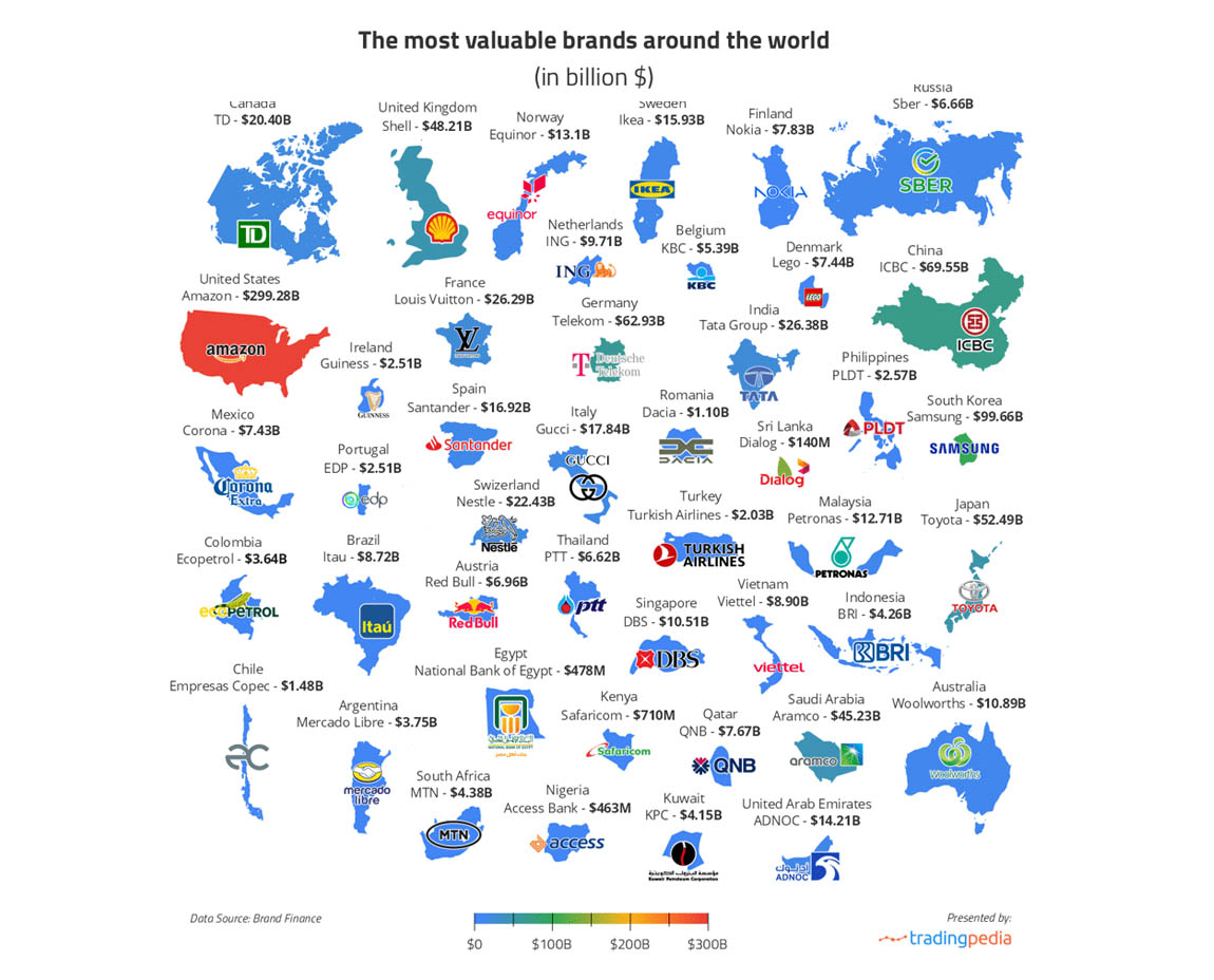 Bản đồ những thương hiệu có giá trị nhất trên thế giới năm 2023 của TradingPedia