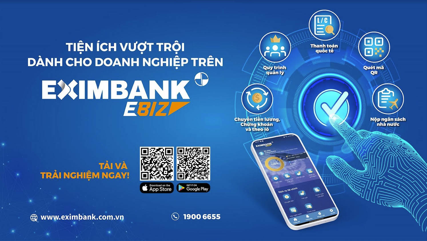 Ứng dụng Mobile Banking Eximbank Ebiz giúp khách hàng dễ dàng phê duyệt các giao dịch và quản lý tài chính mọi lúc mọi nơi
