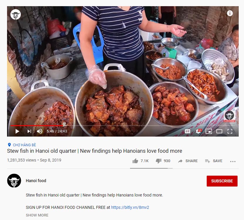 Lượt view video review về Cá kho phố cổ của Hanoi Food đạt hơn 1 triệu lượt xem