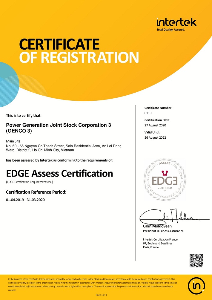 EVNGENCO 3 đạt được Chứng chỉ EDGE do tổ chức  EDGE Certified Foindation (Thụy Sỹ) cấp