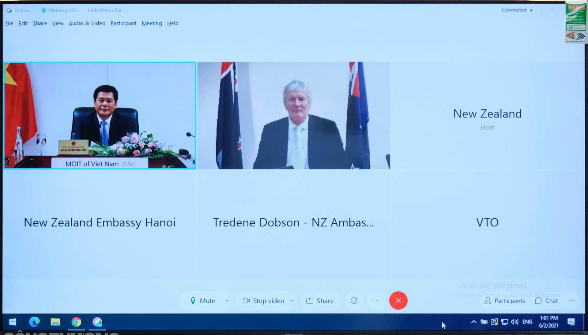 Bộ trưởng Nguyễn Hồng Diên gặp song phương trực tuyến với Bộ trưởng Thương mại và Tăng trưởng Xuất khẩu New Zealand Damien O'Connor
