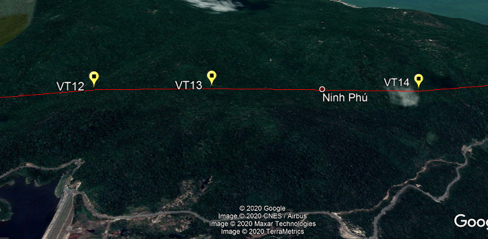 Ảnh chụp vệ tinh vị trị cột 12-14 của đường dây trên địa bàn tỉnh Khánh Hòa dự kiến được thi công trong thời gian tới