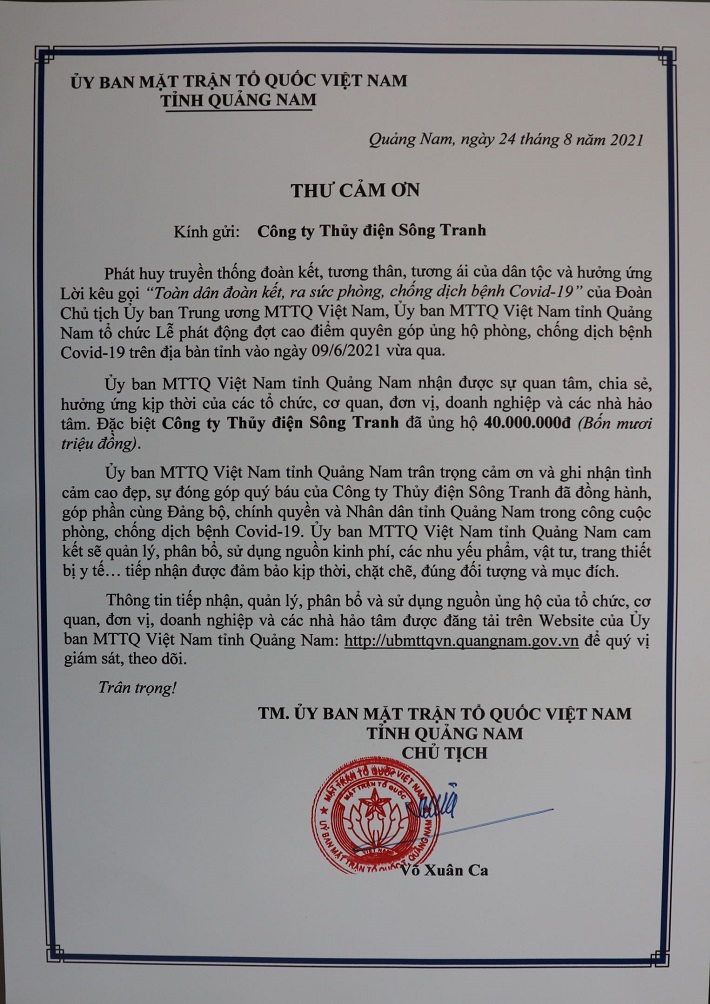 thư cám ơn của Ủy ban MTTQ Việt Nam tỉnh Quảng Nam gửi Công ty Thủy điện Sông Tranh vì đã ủng hộ Quỹ Vắc xin  phòng Covid-19 Việt Nam