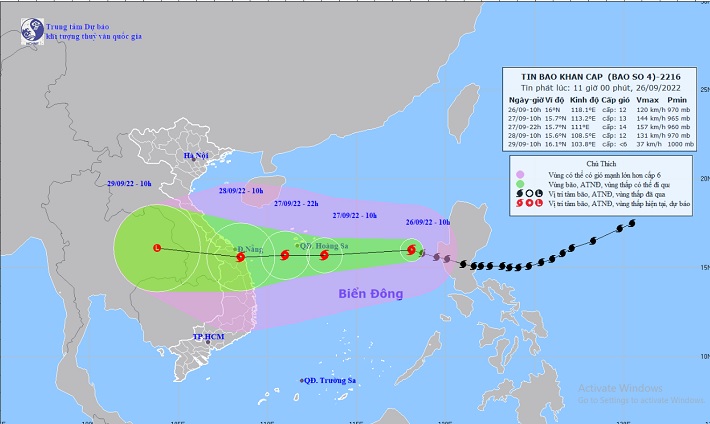 Dự báo đường đi của bão số 4. Nguồn: Trung tâm Dự báo KTTV Quốc gia, bản tin phát lúc 10h ngày 26/9/2022