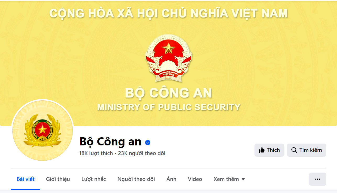 Trang thông tin chính thức của Bộ Công an trên nền tảng mạng xã hội Facebook.