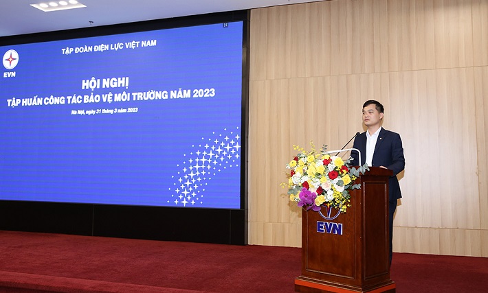 Trưởng Ban Khoa học công nghệ và môi trường EVN - ông Nguyễn Quốc Minh phát biểu tại hội nghị