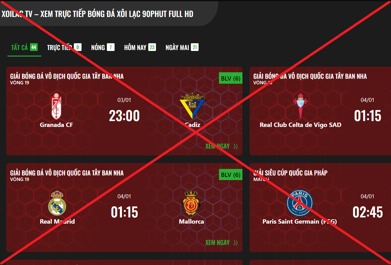 Website bóng đá lậu Xôi Lạc TV ngang nhiên hoạt động, ăn cắp bản quyền của các trận đấu.