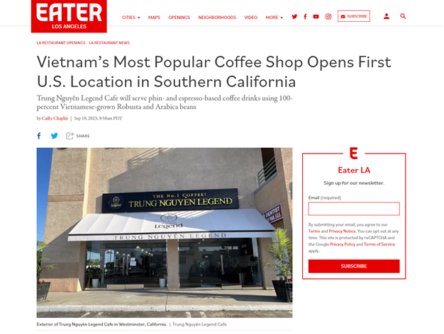 Trung Nguyên Legend khai trương quán cà phê đầu tiên tại Mỹ