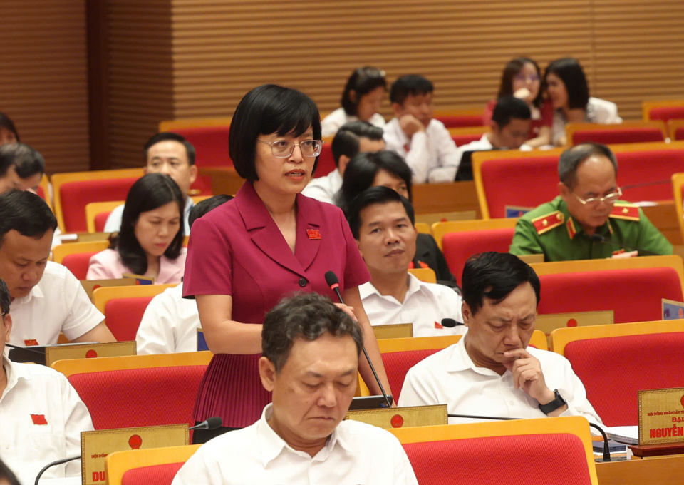 Head of the Economic-Budget Committee of the City People's Council Ho Van Nga speaks at the meeting