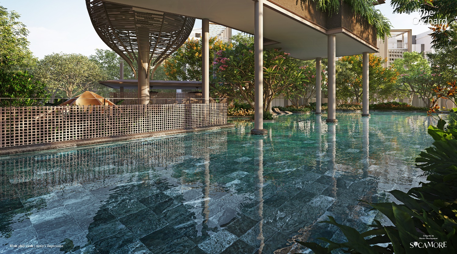 A pool with a structure and trees  Description automatically generated with medium confidence