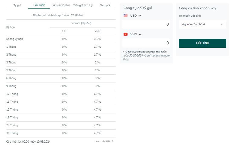 Interest rate table for deposits at the counter at BIDV. Screenshot.