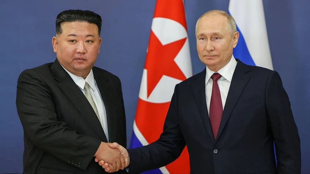 Russian President Vladimir Putin receives North Korean leader Kim Jong Un in the Russian Far East in September 2023. Photo: TASS