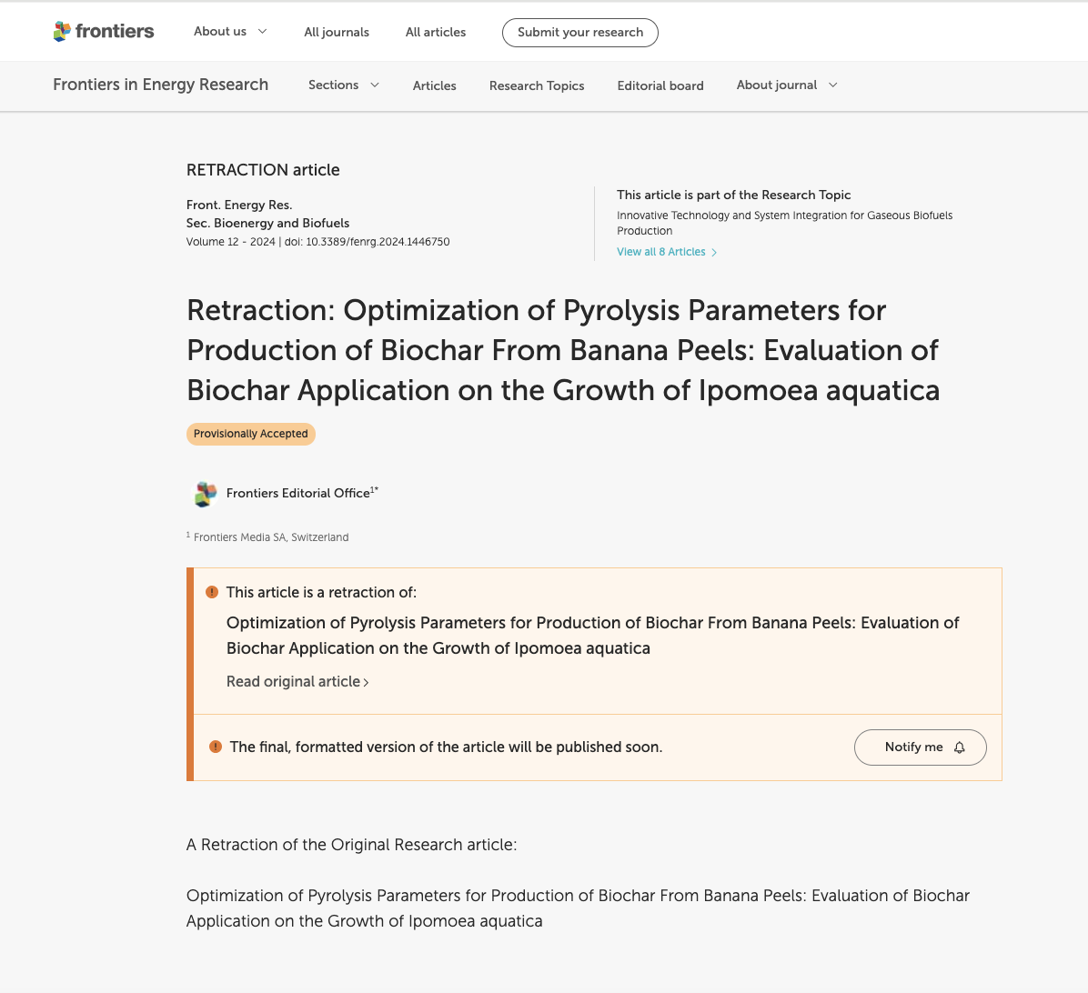 Thông báo của tạp chí Frontiers in Energy Research về việc gỡ bài báo - Ảnh chụp màn hình