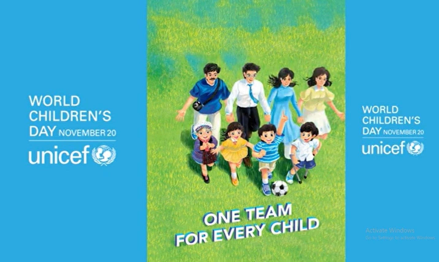 Thắp sáng màu xanh trong Ngày Trẻ em thế giới là một sáng kiến toàn cầu. Thông điệp Ngày Trẻ em thế giới năm nay được UNICEF đưa ra là “One team for every child” 