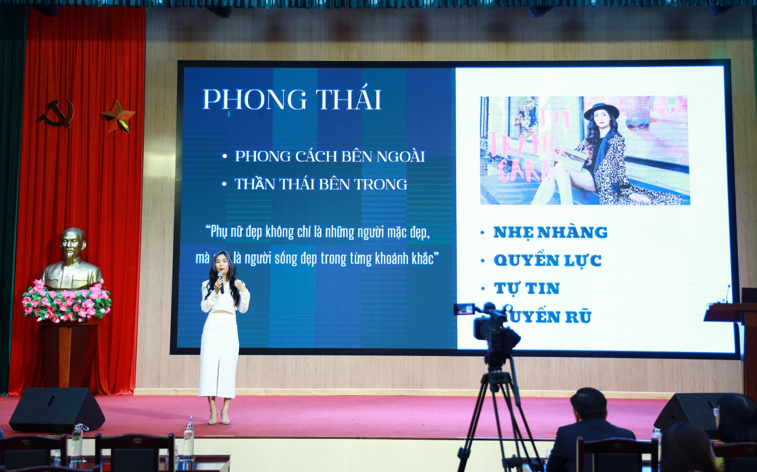 Diễn giả ThS, Đạo diễn Hoàng Minh Trang, nghệ danh (Trang Cara) chia sẻ tại Workshop.