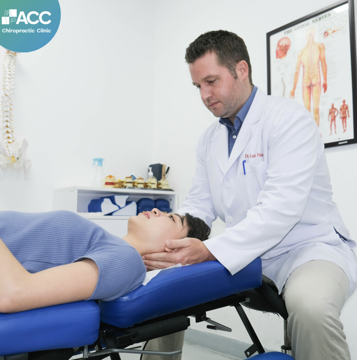 Dr Luke Hamman do adjustment for patient at ACC Chiropractic Clinic - 1st Floor, Tan Da Court, 86 Tan Da street, Ward 11, District 5, HCMC