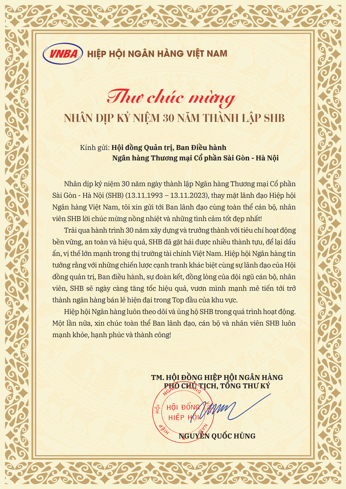 Hiệp hội Ngân hàng Việt Nam chúc mừng SHB nhân dịp kỷ niệm 30 năm thành lập
