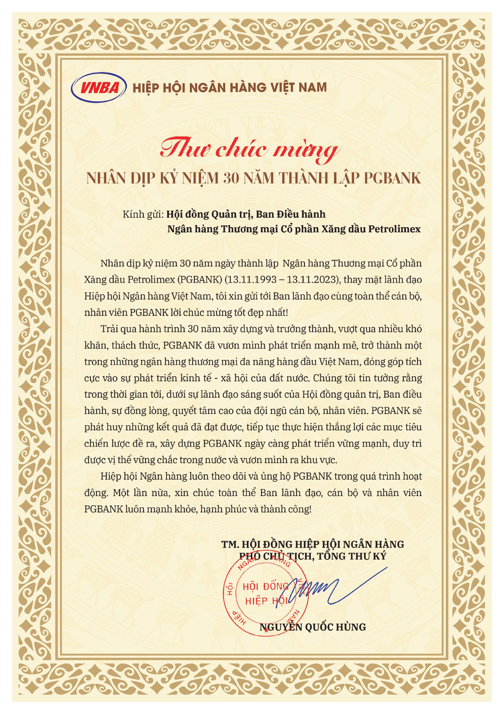 Hiệp hội Ngân hàng Việt Nam chúc mừng PGBank nhân dịp kỷ niệm 30 năm thành lập