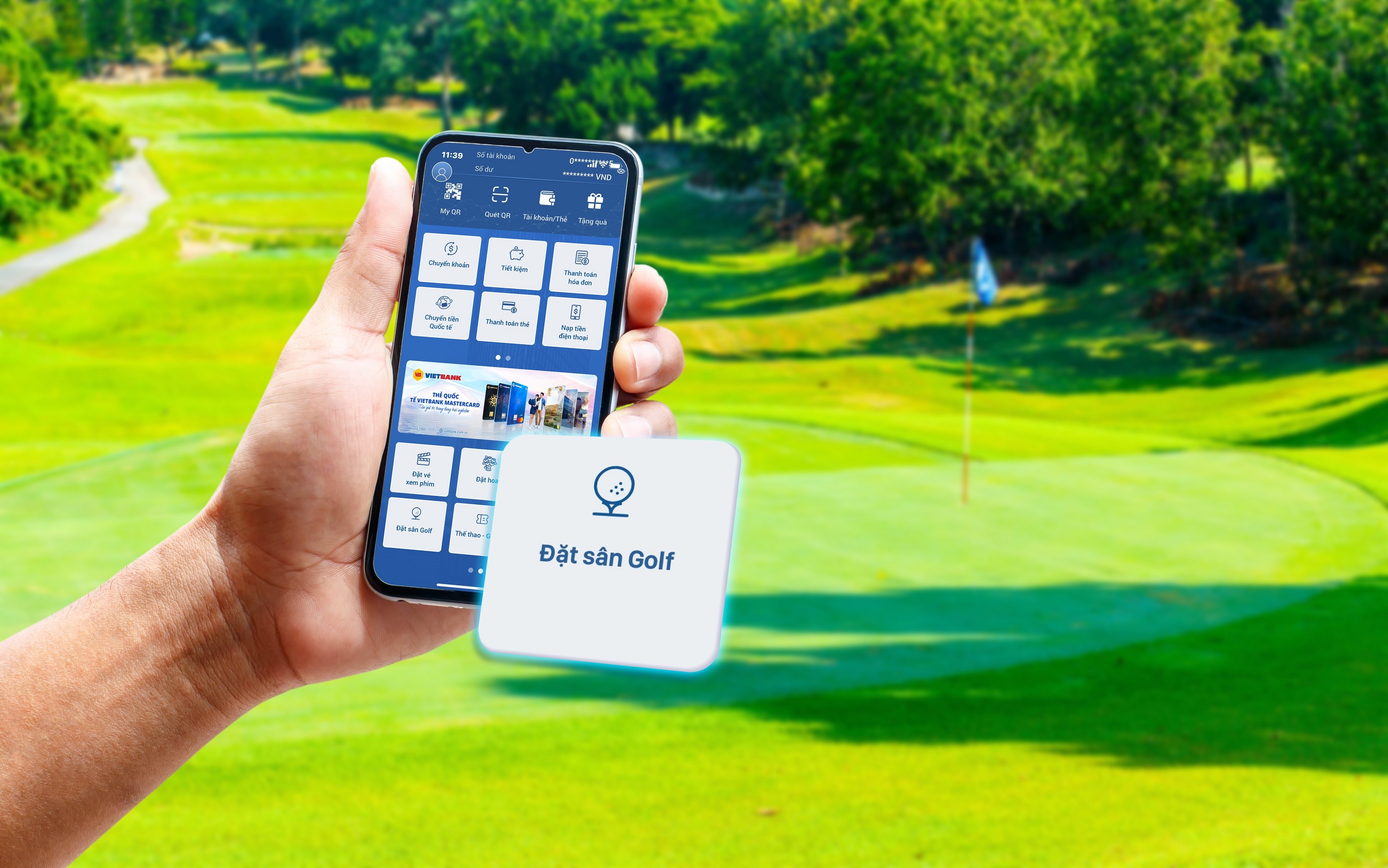 Tính năng “Đặt sân golf” trên ứng dụng Vietbank Digital cho phép khách hàng lựa chọn hệ thống gần 100 sân golf đẹp, nổi tiếng nhất Việt Nam