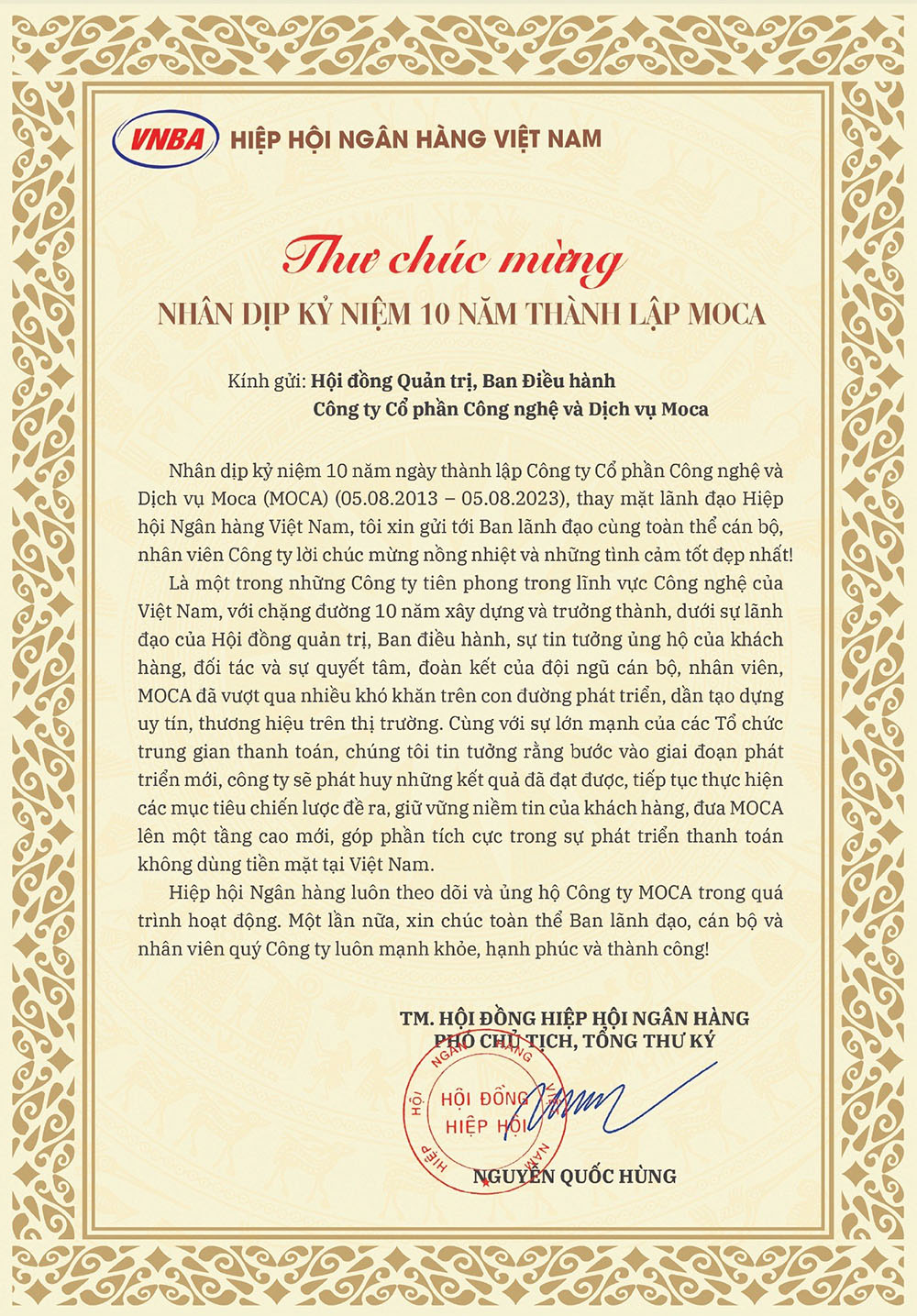 Hiệp hội Ngân hàng Việt Nam chúc mừng Moca nhân dịp kỷ niệm 10 năm thành lập