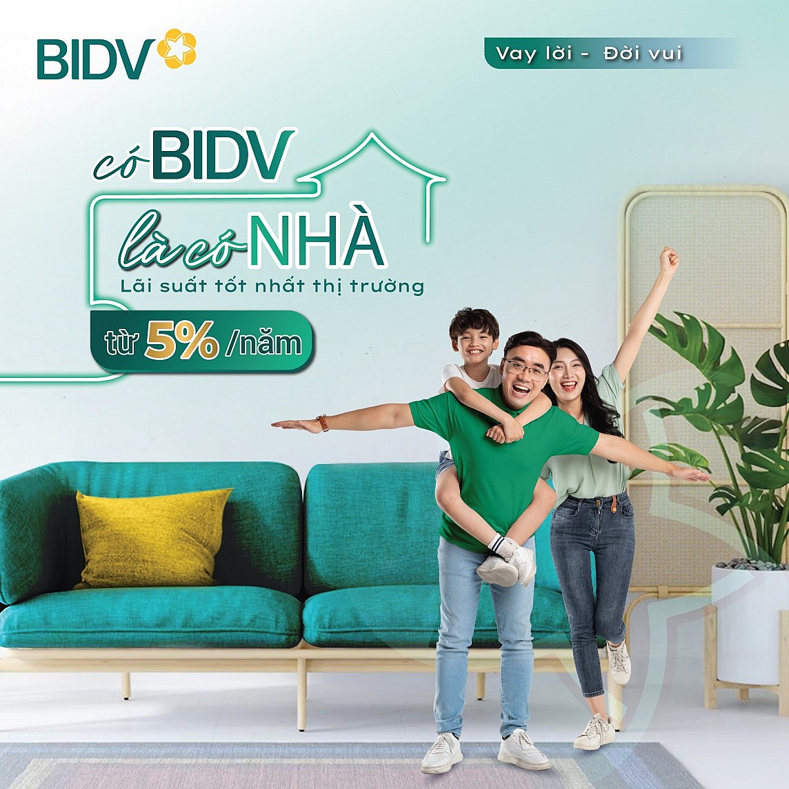 Ngân hàng BIDV cho khách hàng vay mua nhà hoặc vay trả nợ trước hạn khoản vay mua nhà ở tại ngân hàng khác, với lãi suất chỉ từ 5%/năm
