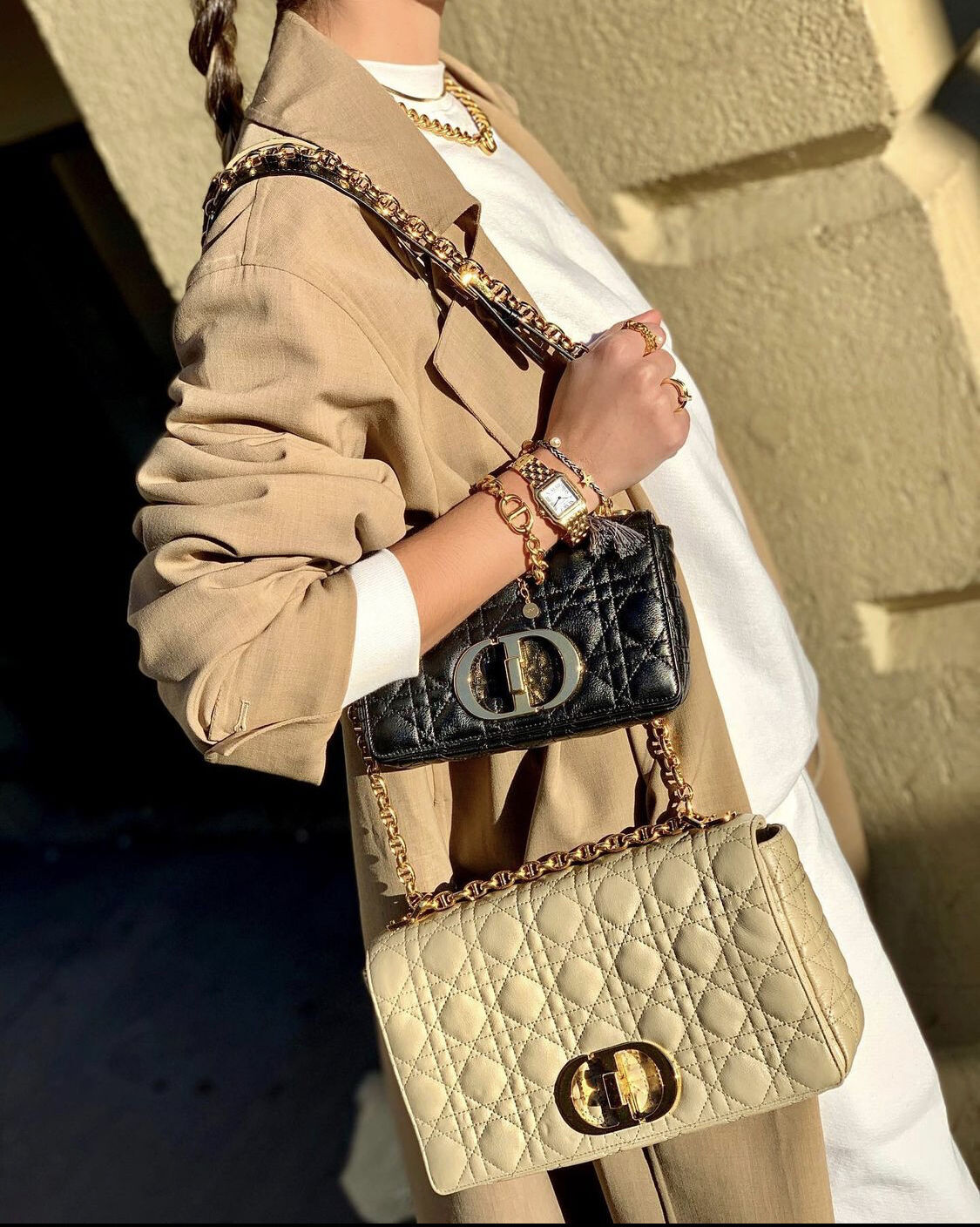 dior caro bag in beige and black with jaclyn bloomfield