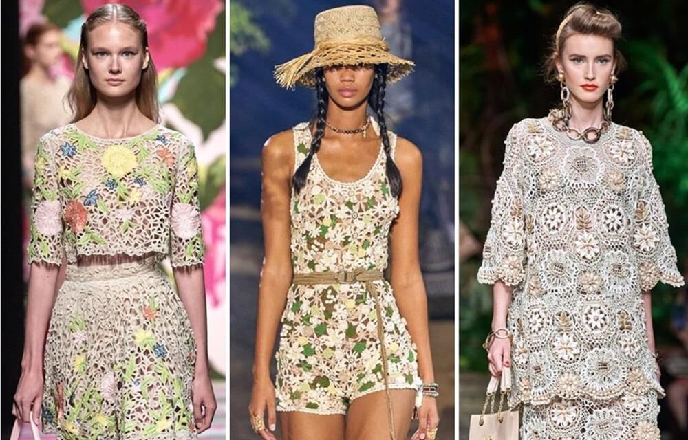 Các nhà mốt Blumarine, Christian Dior và Dolce & Gabbana (từ trái qua) đưa Crochet lên sàn diễn thời trang hè 2021.