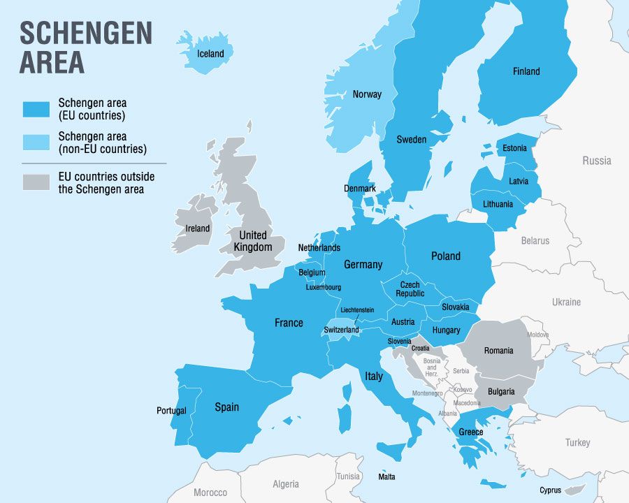 Những nước trong khối Schengen (màu xanh)
