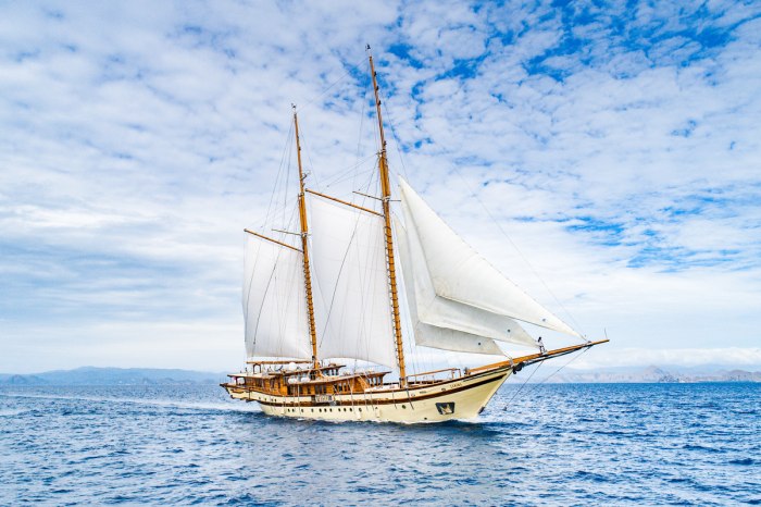 Du thuyền có thiết kế ấn tượng với 2 cột buồm trắng lớn nổi bật.